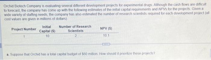  Orchid Biotech Company is evaluating several different development projects for experimental