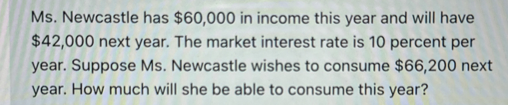  Ms. Newcastle has $60,000 in income this year and will have