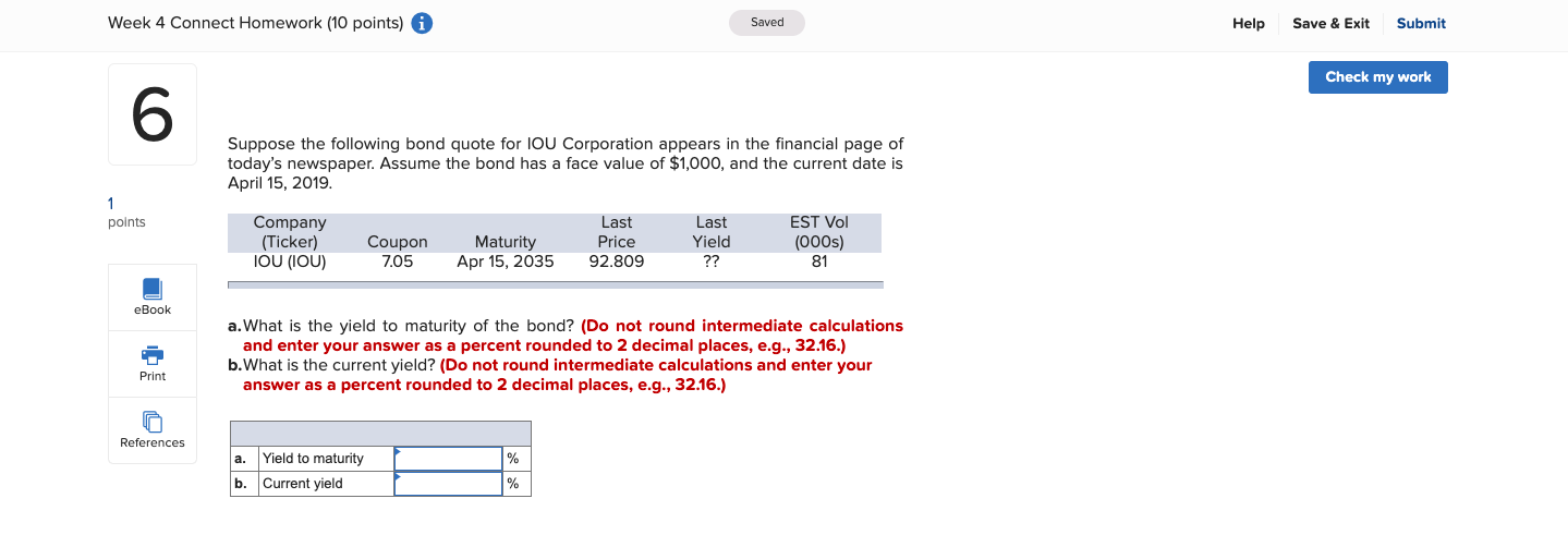 Week 4 Connect Homework (10 points) i Saved Help Save &
