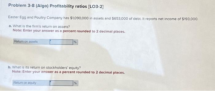  Problem 3-8 (Algo) Profitability ratios [LO3-2] Easter Egg and Poultry Company