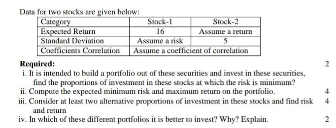  Data for two stocks are given below: Category Stock-1 Stock-2 Expected