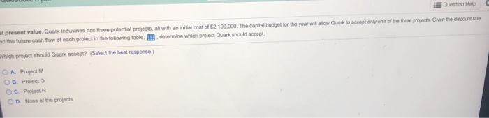  Question Help at present value. Quark Industries has three potential projects,