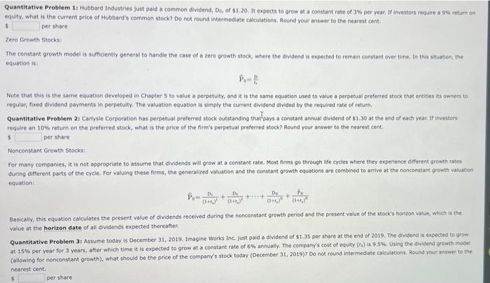  Quantitative Problem 1t Hubbard Industries just paid a common dividend, De,