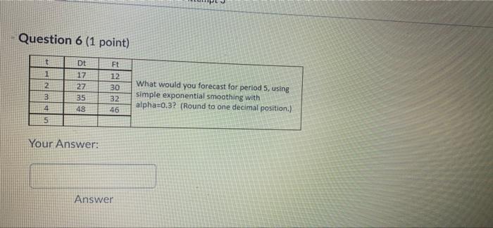  Question 6 (1 point) t 1 2 3 4 Dt 17