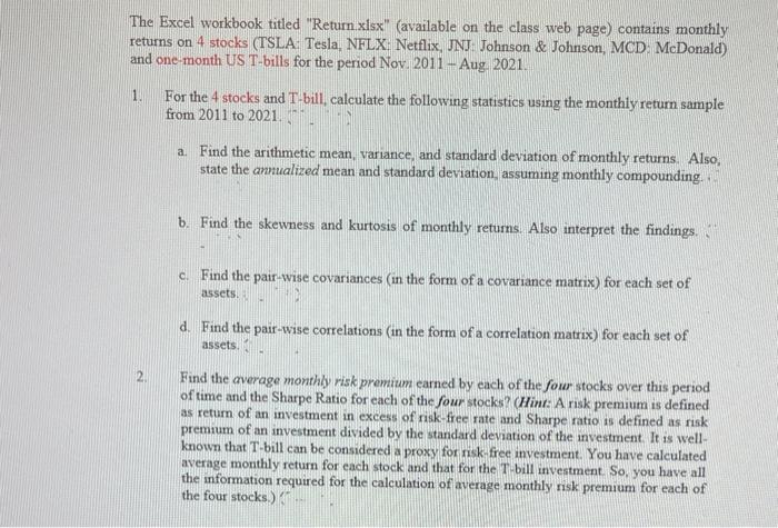  The Excel workbook titled "Return xlsx" (available on the class web