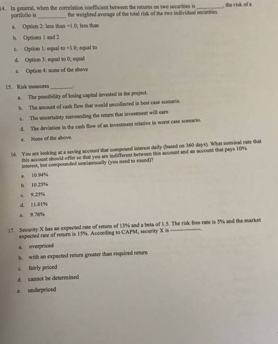 4. In general, when the correlation coefficient between the returns on