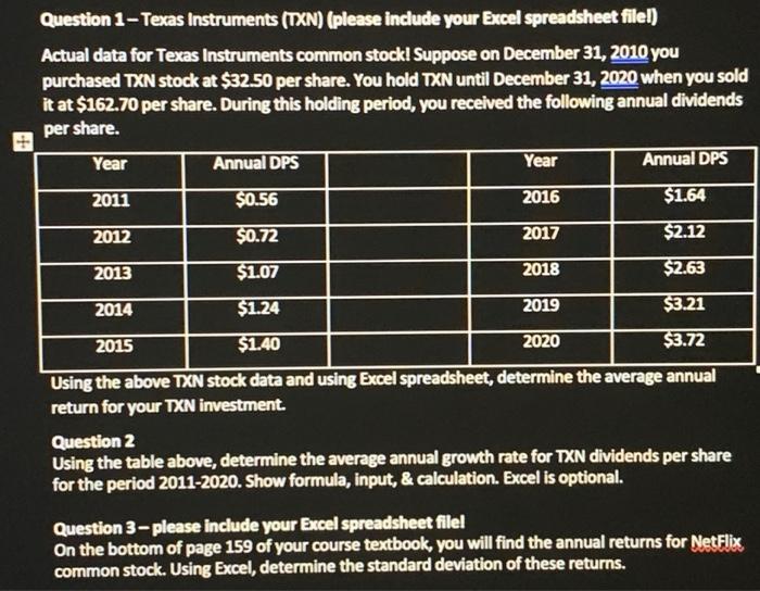  Question 1 - Texas Instruments (TXN) (please include your Excel spreadsheet