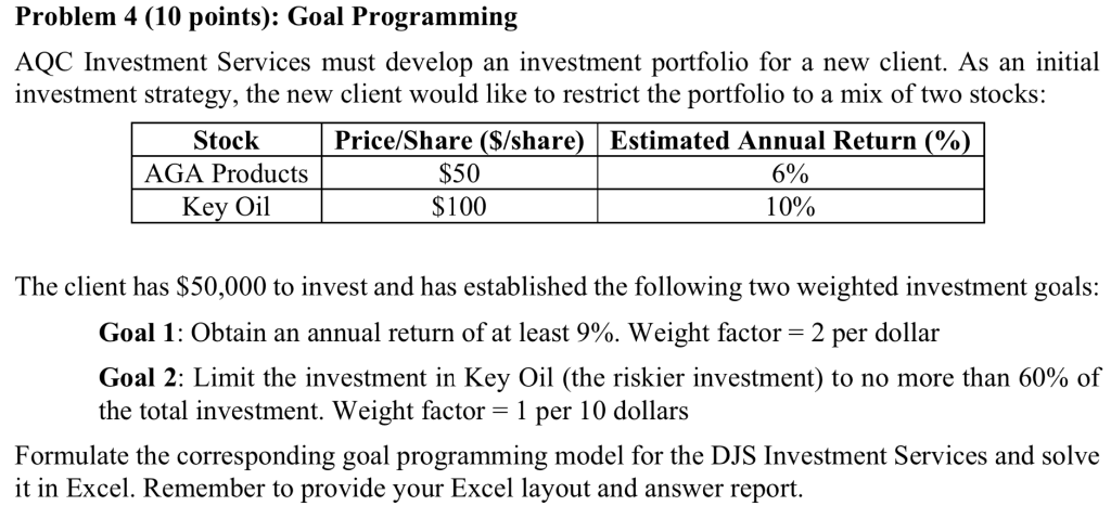  Problem 4 (10 points): Goal Programming AQC Investment Services must develop