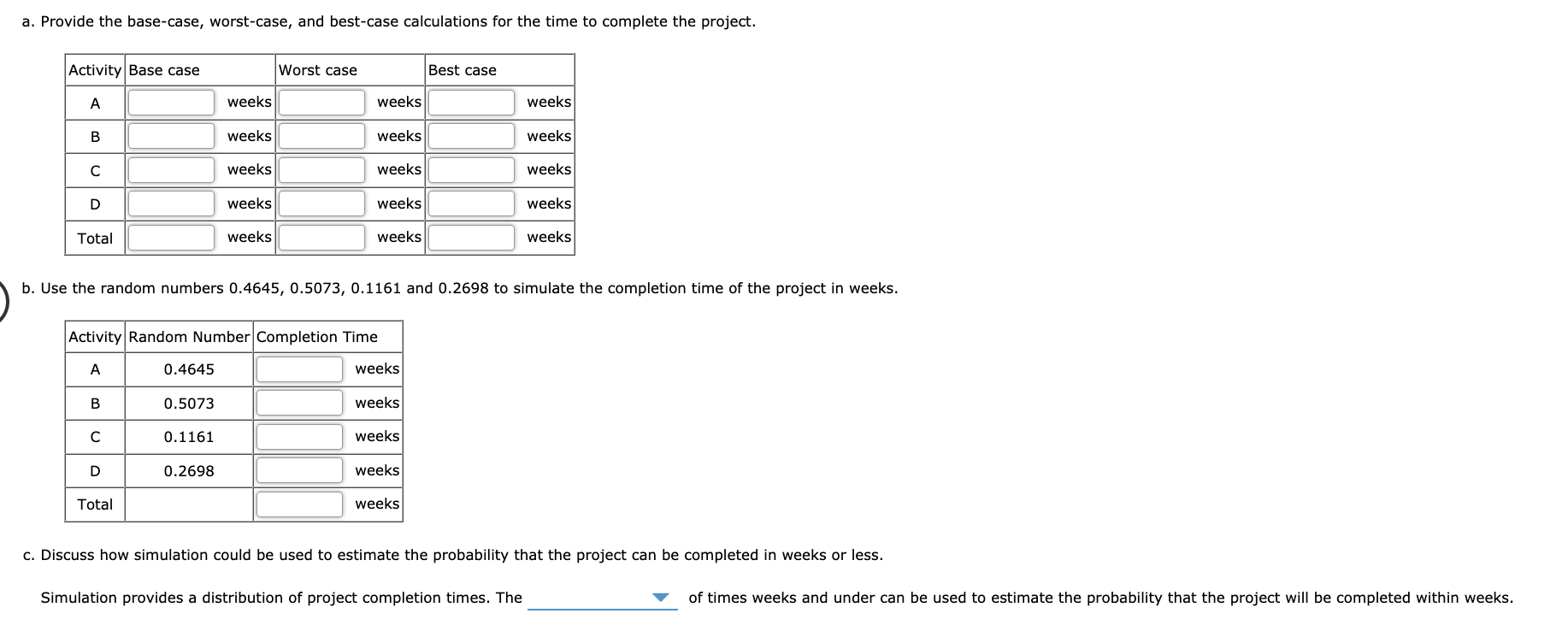 and D) that must be performed sequentially. The probability distributions for the