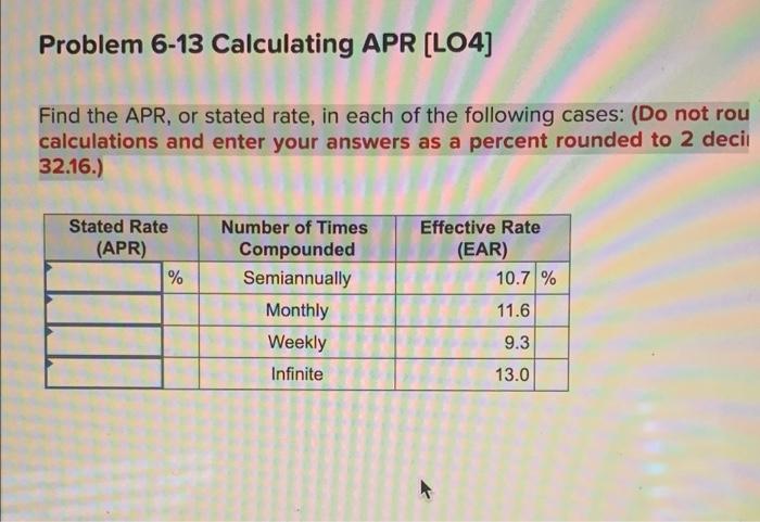  Problem 6-13 Calculating APR (LO4] Find the APR, or stated rate,
