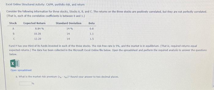  Excel Online Structured Activity: CAPM, portfolio risk, and return Consider the