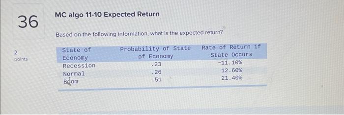  MC algo 11-10 Expected Return Based on the following information, what