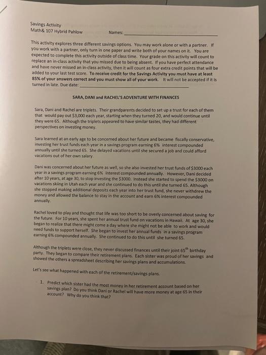  Math\& 107 Hybrid Paklow Names: This activity explofes three different savings