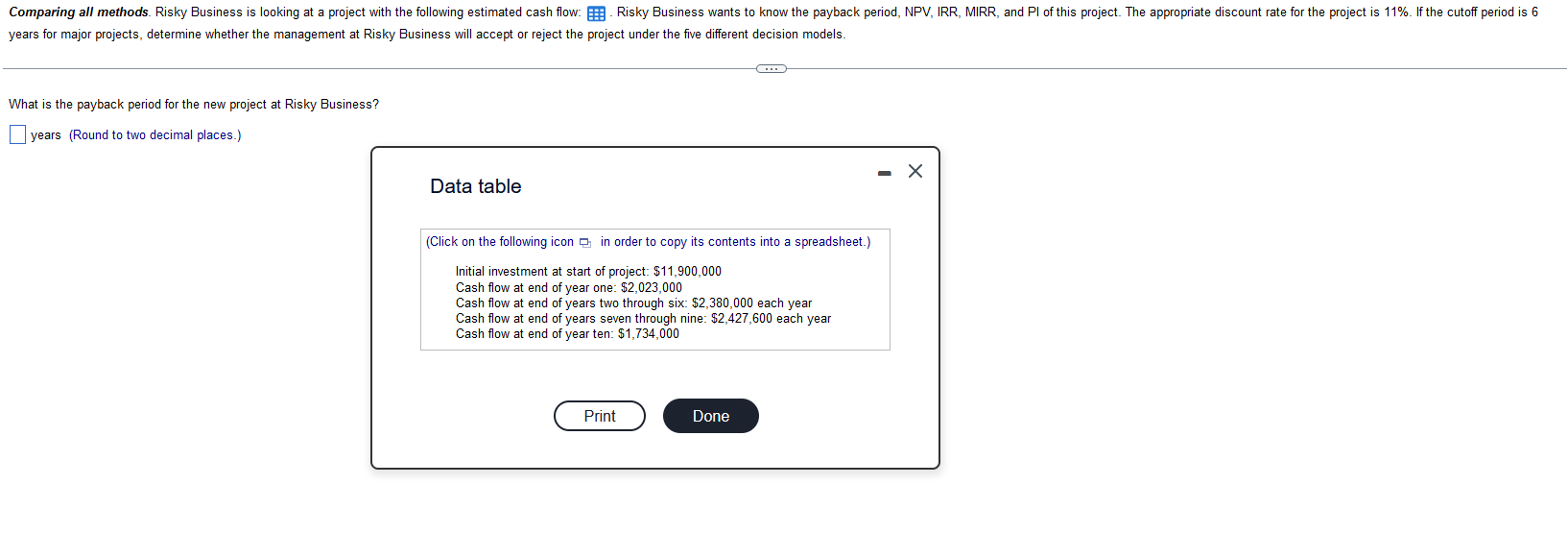 Comparing all methods. Risky Business is looking at a project with