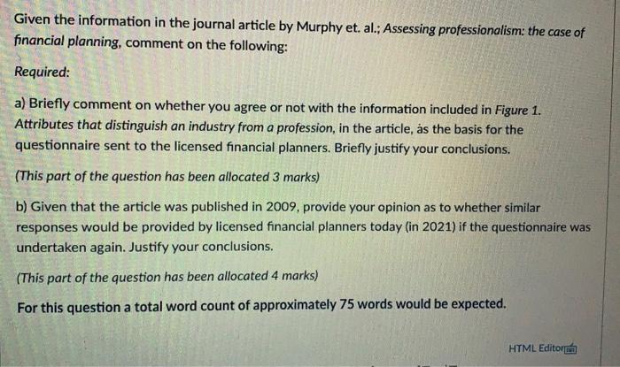  Given the information in the journal article by Murphy et. al.;