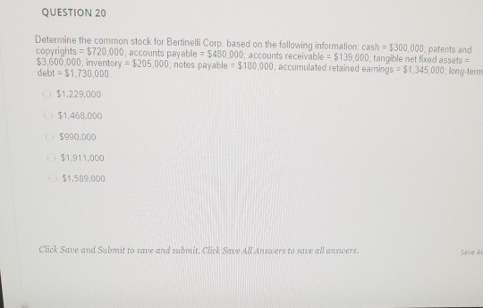 QUESTION 20 Determine the common stock for Bertinelli Corp based on