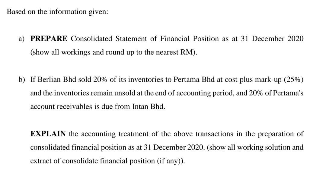 the statement of financial position of Berlian Bhd, Pertama Bhd and Intan