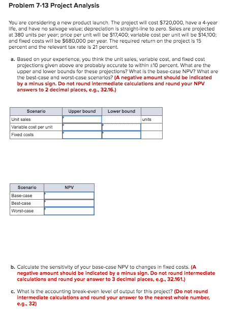 Problem 7-13 Project Analysis You are considering a new product launch.