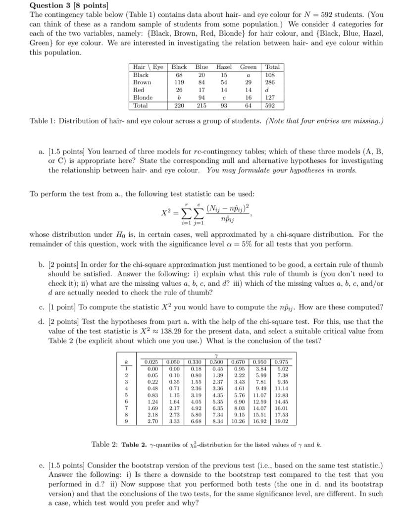  Question 3 [8 points) The contingency table below (Table 1) contains