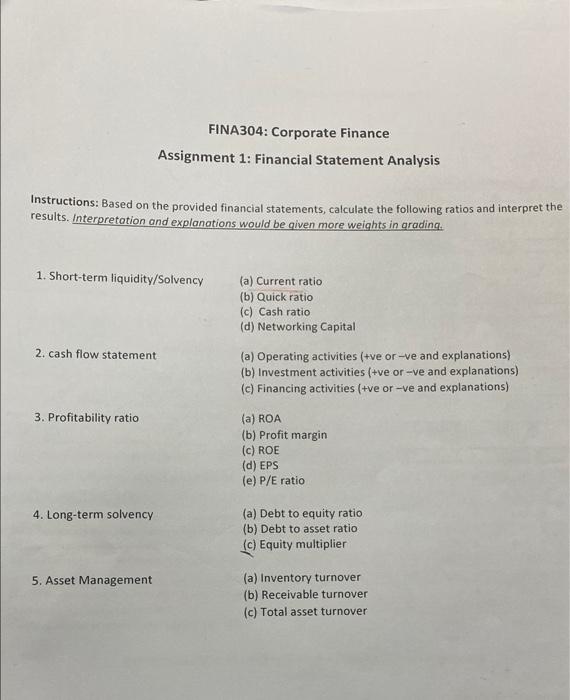  FINA304: Corporate Finance Assignment 1: Financial Statement Analysis Instructions: Based on