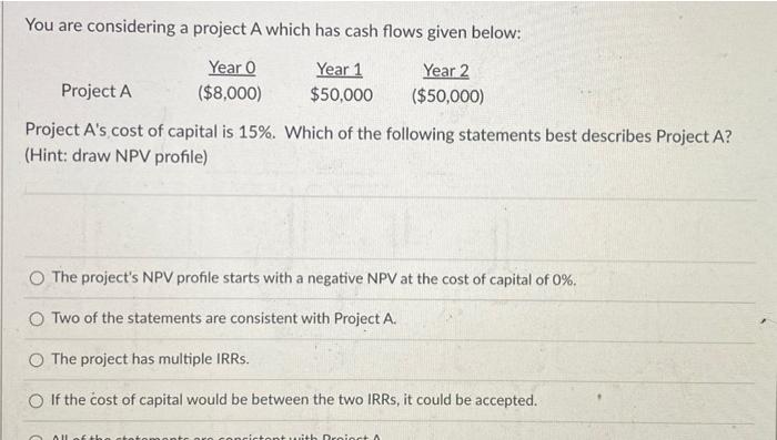  You are considering a project A which has cash flows given