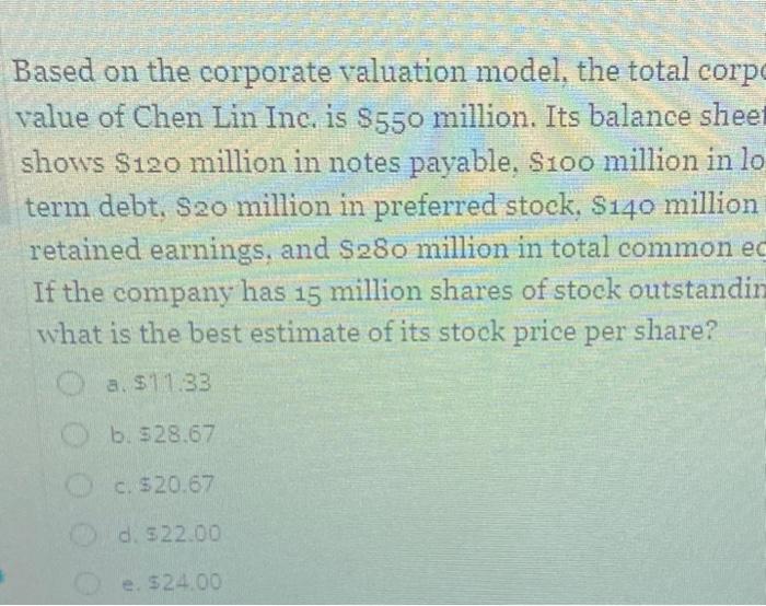  Based on the corporate valuation model, the total corp value of