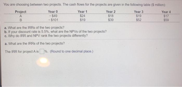  You are choosing between two projects. The cash flows for the