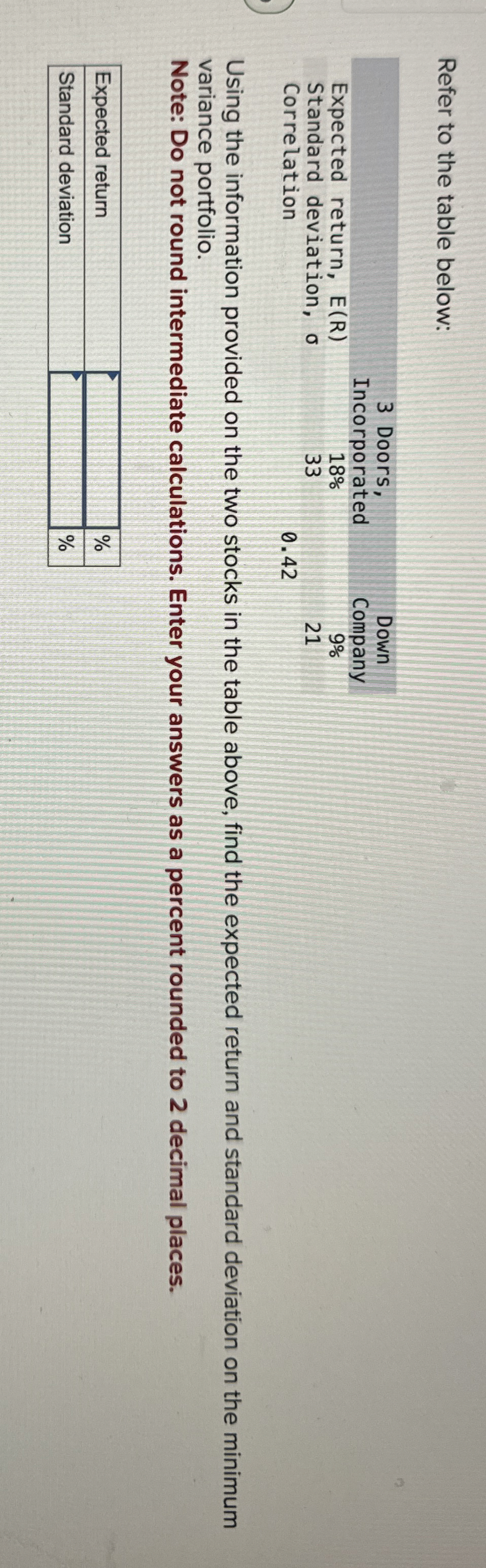  Refer to the table below: \table[[,\table[[3 Doors,],[Incorporated]],\table[[Down],[Company]]],[Expected return, E(R),18%,9% 