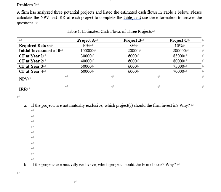 Problem l A firm has analyzed three potential projects and listed