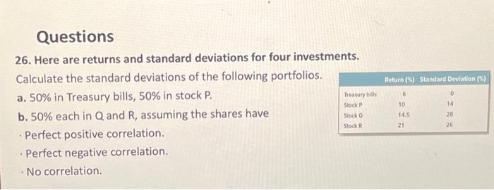  Questions 26. Here are returns and standard deviations for four investments.