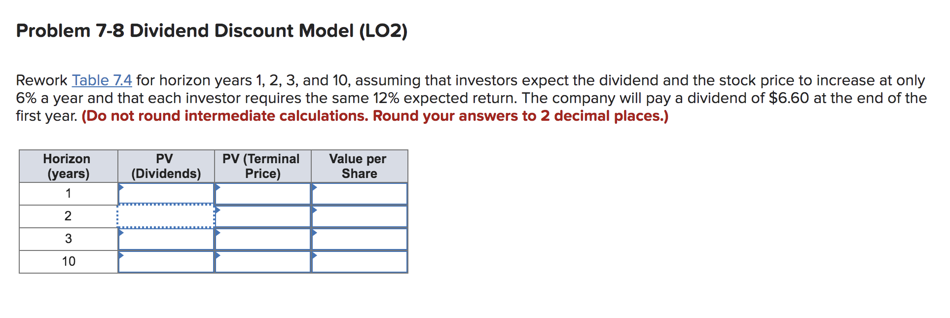 pls help Problem 7-8 Dividend Discount Model (LO2) Rework Table 7.4