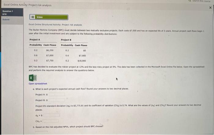  contro Excel Online Activity: Project risk analysis X Question 1 G10
