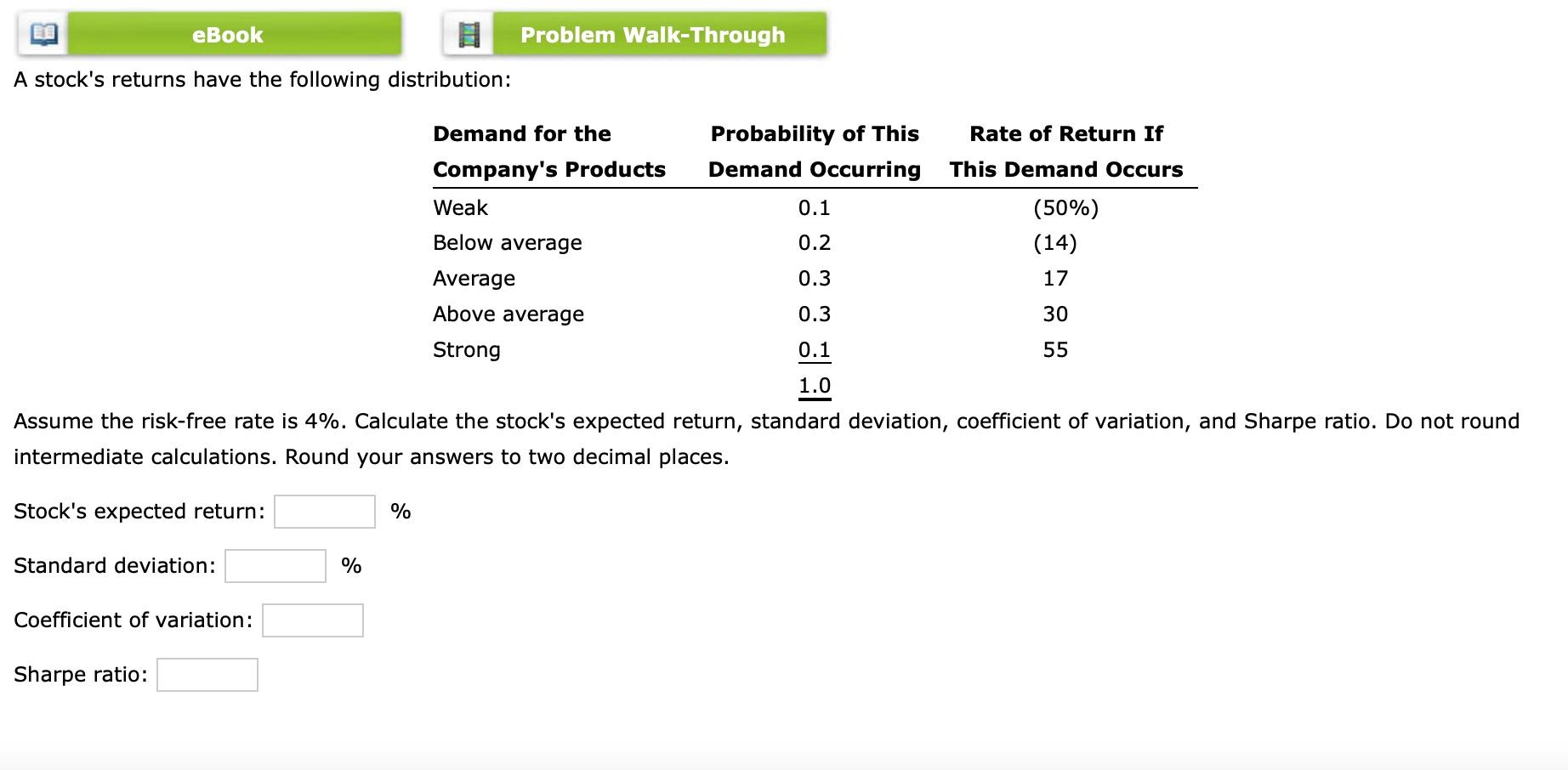  eBook Problem Walk-Through A stock's returns have the following distribution: Demand