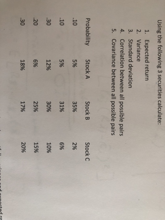  Using the following 3 securities calculate: 1. Expected return 2. Variance