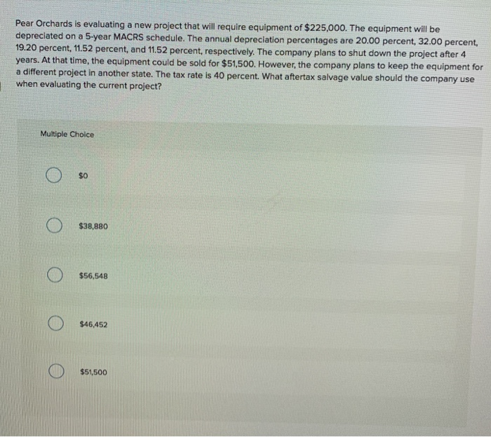  Pear Orchards is evaluating a new project that will require equipment