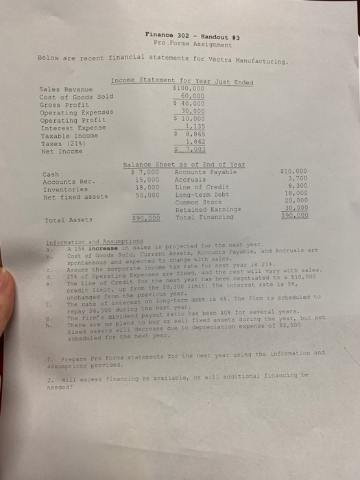  Finance 302 Handout #3 Pro .Forma Assignment Below are recent financial