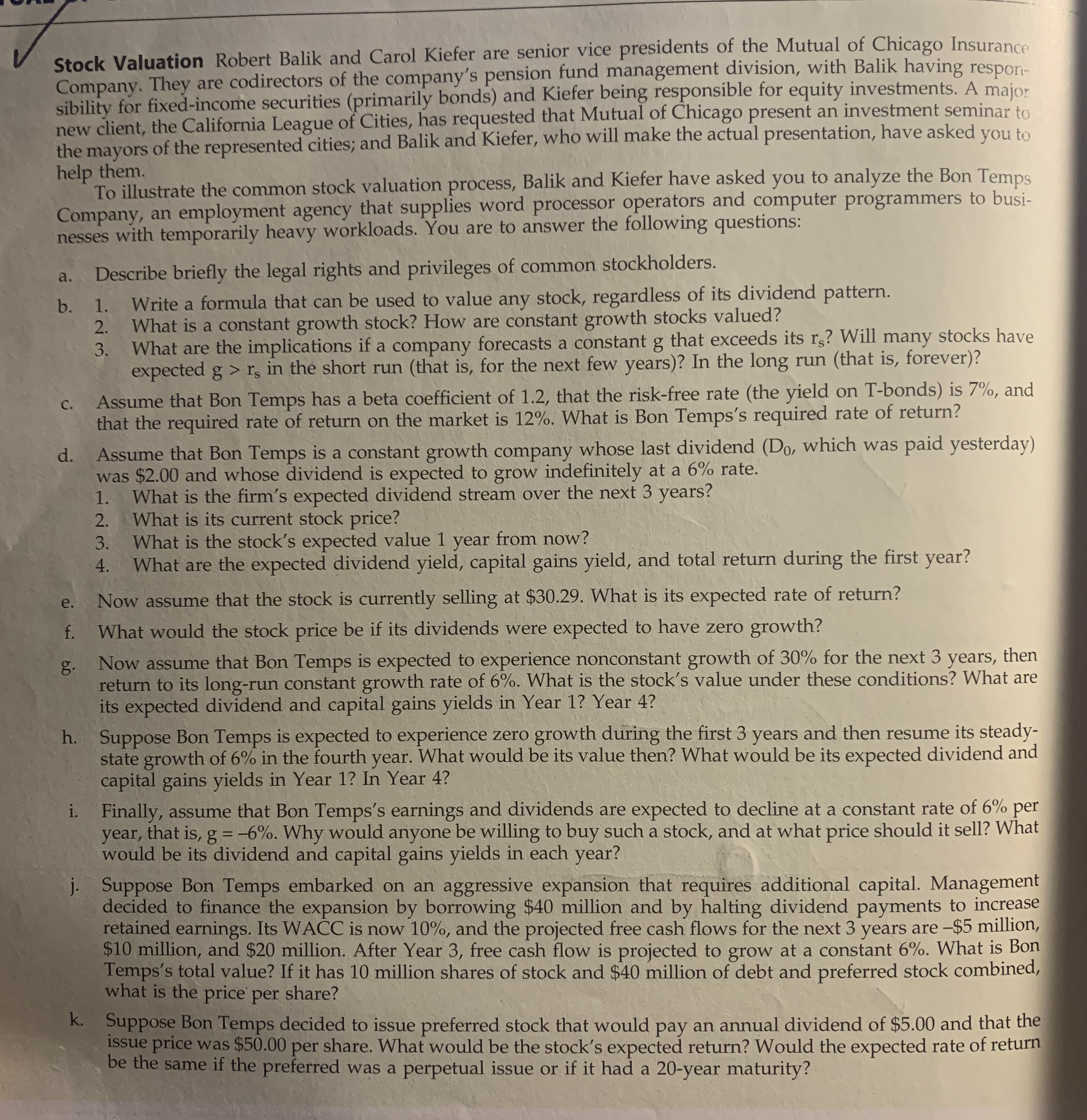 CH.9(STOCK AND THEIR VALUATION)PLEASE SOLVE PARTS A,B,C,D,E,F,G,H,I,J,K. PLEASE SHOW EVERY SINGLE
