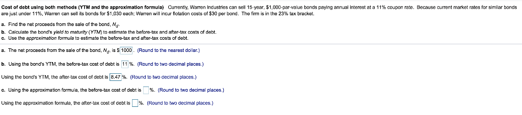  Cost of debt using both methods YTM and the approximation formula
