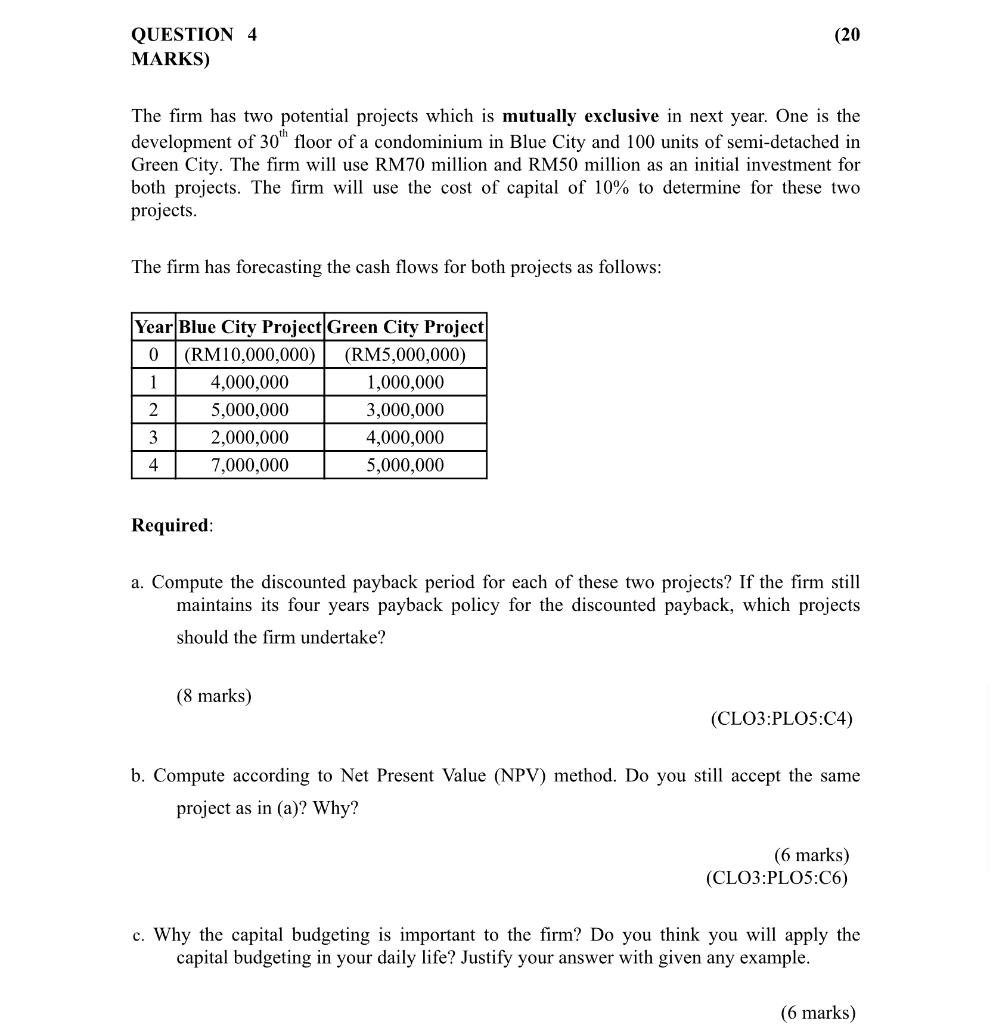  The firm has two potential projects which is mutually exclusive in