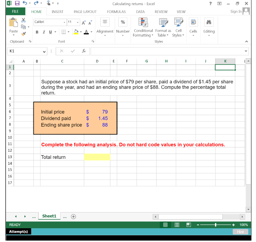  Total Return: ___ XD Calculating returns - Excel ? - Q