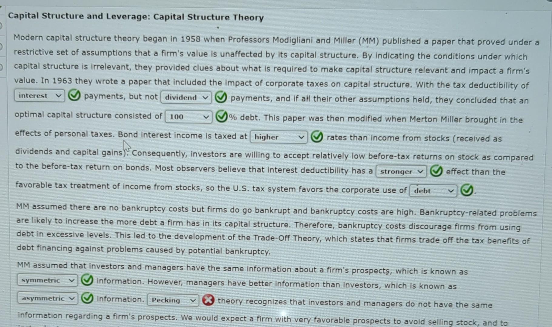  Capital Structure and Leverage: Capital Structure Theory Modern capital structure theory