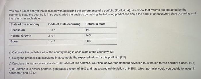  You are a junior analyst that is tasked with assessing the