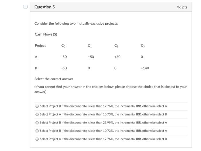  Question 5 36 pts Consider the following two mutually exclusive projects: