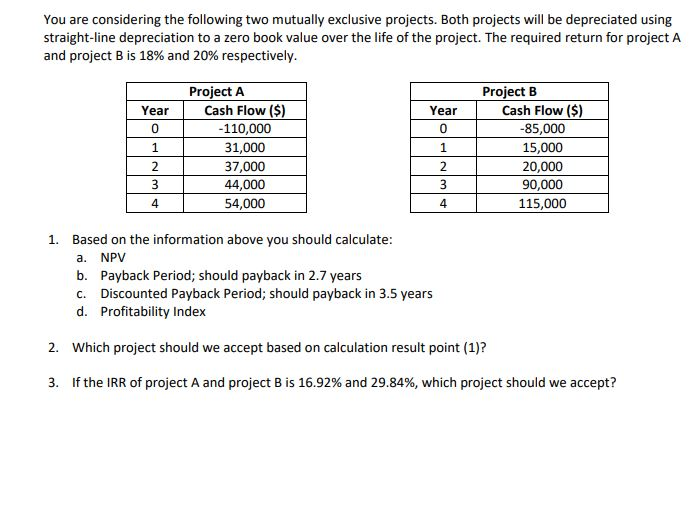 You are considering the following two mutually exclusive projects. Both projects will