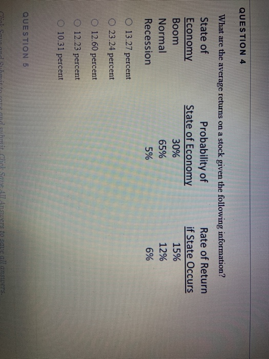  QUESTION 4 What are the average returns on a stock given