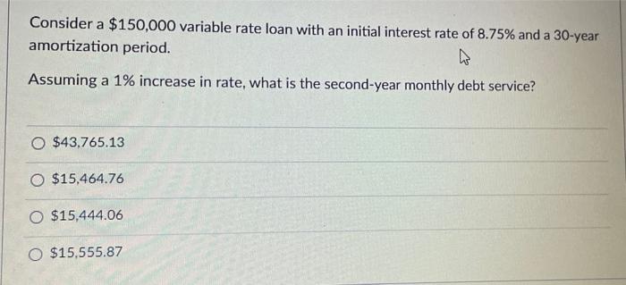  Consider a $150,000 variable rate loan with an initial interest rate