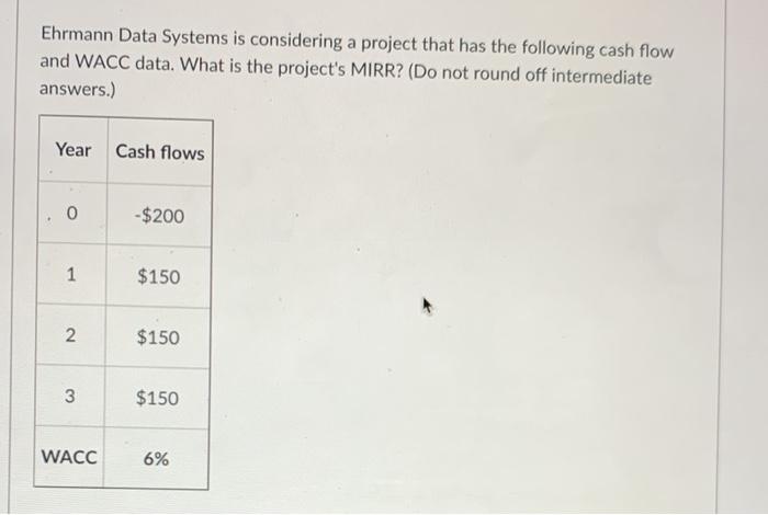  Ehrmann Data Systems is considering a project that has the following