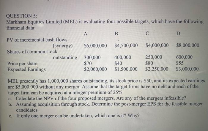 Please show each step QUESTION 5: Markham Equities Limited (MEL) is evaluating