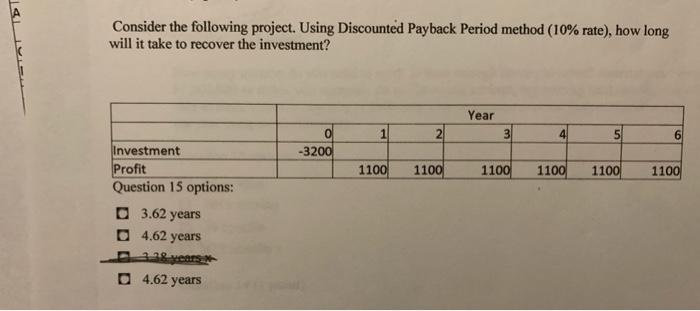  Consider the following project. Using Discounted Payback Period method (10% rate),