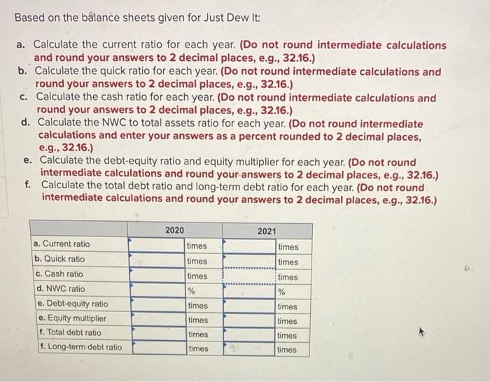 Corporation reports the following balance sheet information for 2020 and 2021 JUST